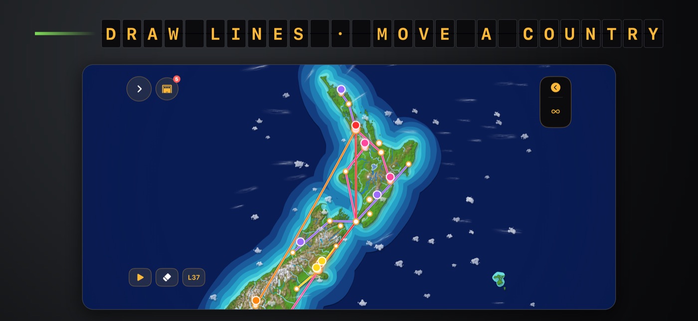 Draw lines, move a country: routes drawn across New Zealand.